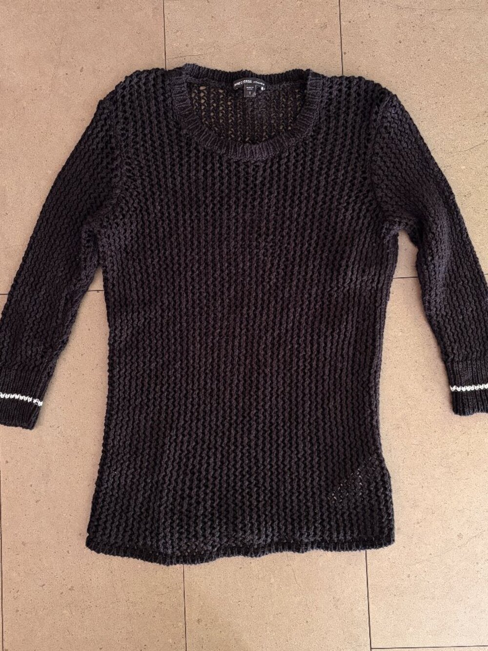 James Perse Black Scoop Neck Open Knit Sweater cotton/linen-Small
